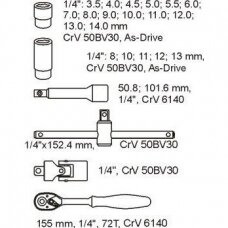 Įrankių dėklas YATO YT-5541 | galvučių ir raktų rinkinys | 1/4" | 25VNT.