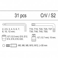 Įrankių dėklas YATO YT-55451 | galvučių ir L-tipo raktų rinkinys | 1/2" | 31VNT.