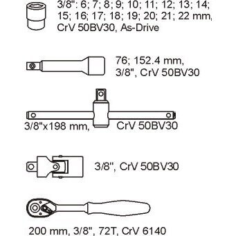 Įrankių dėklas YATO YT-5542 | galvučių ir raktų rinkinys | 3/8" | 22VNT. 1