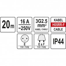 Prailginimo kabelis YATO YT-8100 | H05RR-F | 1 lizdas | 3680W | 20M