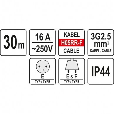 Prailginimo kabelis YATO YT-8101 | H05RR-F | 1 lizdas | 3680W | 30M 1