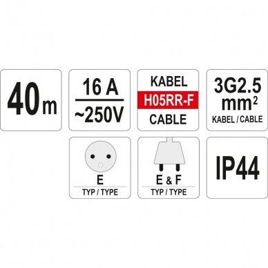 Prailginimo kabelis YATO YT-8102 | H05RR-F | 1 lizdas | 3680W | 40M 2