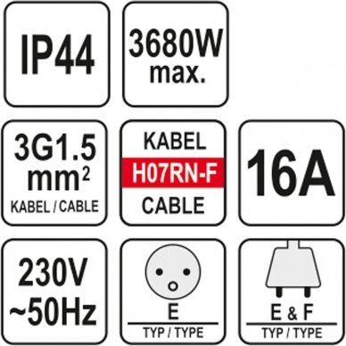 Prailginimo kabelis YATO YT-81162 | H07RN-F | 3 lizdai | 3680W | 20M