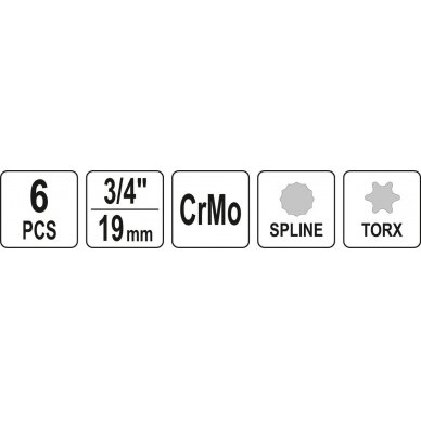 Smūginių antgalių rinkinys | 20 mm (3/4") | T-Star (Torx) T70 - T100 | spline M16-M18 | 6 vnt. (YT-10653) 4